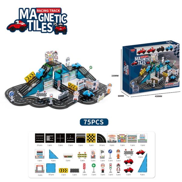 7.5CM 75Pcs Building Blocks Montessori Magnetic Race Track Tiles Cars Road Set for Kids Toddlers - Image 2