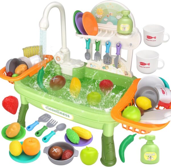 Pretend Role Play Kitchen Toys Set with Upgraded Working Faucet and Dishes Play Set Kids Pretend Play Kitchen Sink Toys - Image 2