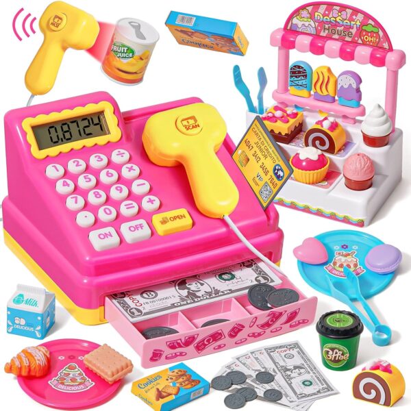 Pretend Play Supermarket Shop Cash Register Toy Ice Cream Shop with Scanner Money Calculator Desserts - Image 2