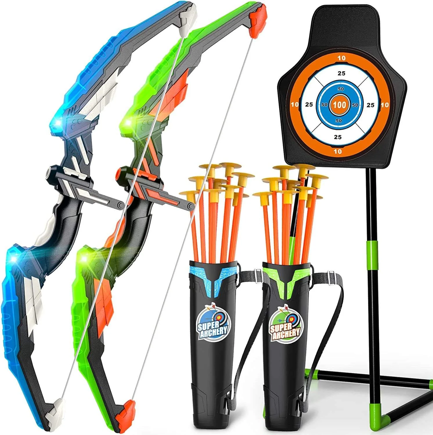 Toy Supplier China Kids Outdoor Toys Bow and Arrow Toy 2-Pack LED Light Up Archery Set with 20 Suction Cup Arrows and Standing Target - Image 2