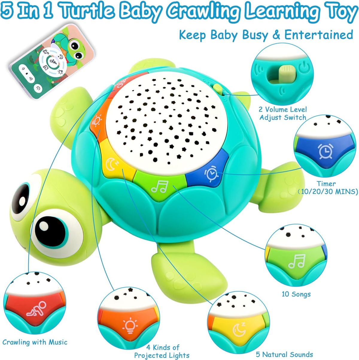 Toy Supplier China 5 in 1 Musical Projector Turtle Crawling Toys Educational Musical Turtle Crawling Baby Toy - Image 4