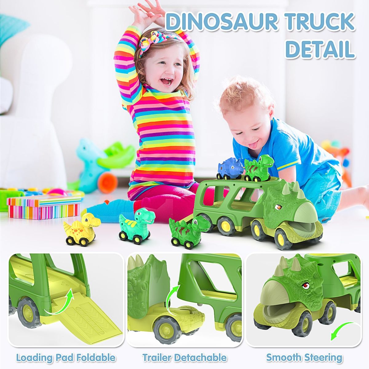 Triceratops Transport Carrier Truck With 4 Pack Small Dino Car Toy Set - Image 13
