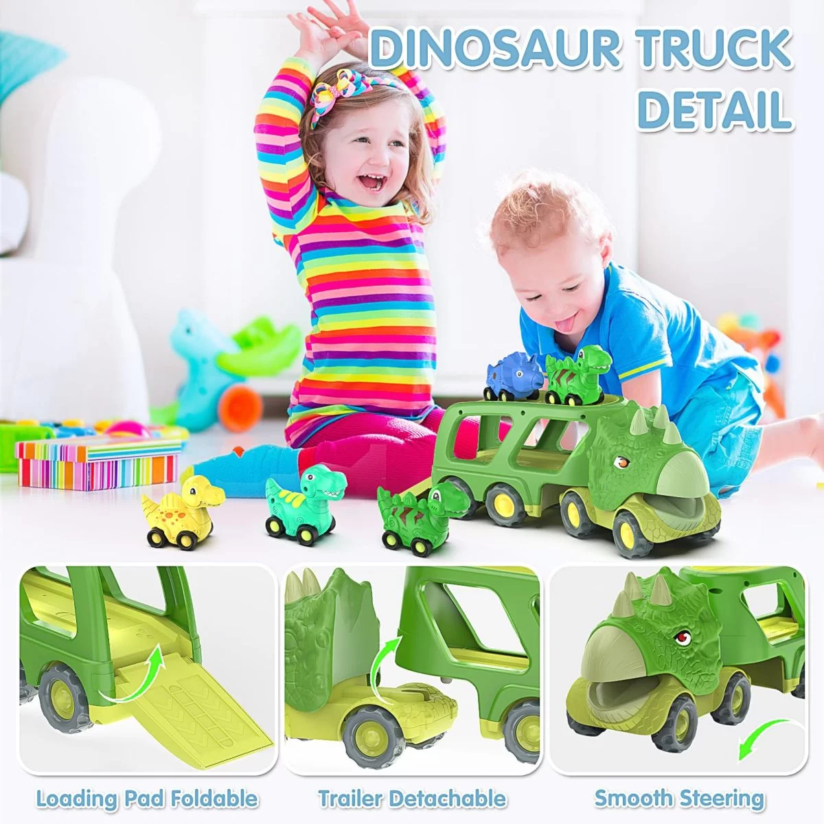 Triceratops Transport Carrier Truck With 4 Pack Small Dino Car Toy Set - Image 14