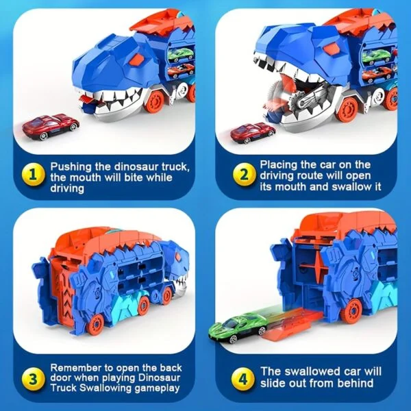 ASTM F963 Certified 3-in-1 Dinosaur Storage Truck Diecast Toy Swallowing Metal Car Transform Into Stomping T-Rex with Friction Toy Vehicle - Image 12