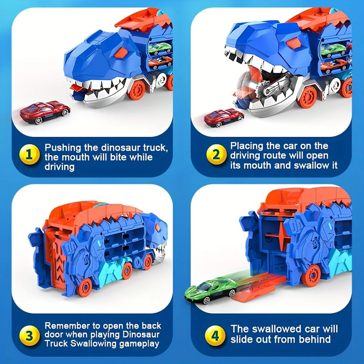 ASTM F963 Certified 3-in-1 Dinosaur Storage Truck Diecast Toy Swallowing Metal Car Transform Into Stomping T-Rex with Friction Toy Vehicle - Image 11
