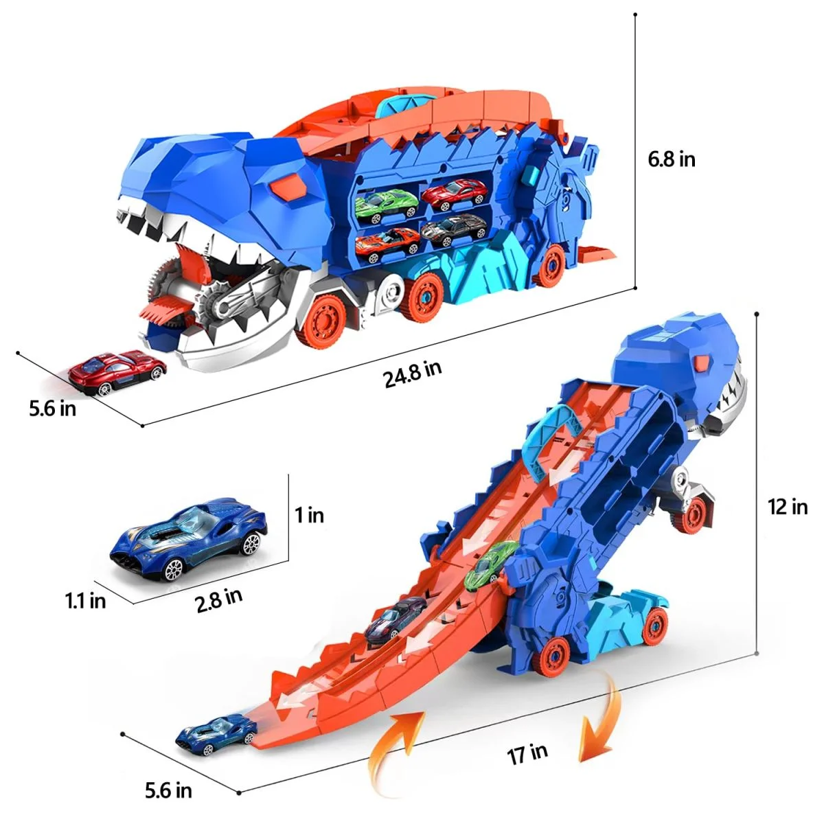ASTM F963 Certified 3-in-1 Dinosaur Storage Truck Diecast Toy Swallowing Metal Car Transform Into Stomping T-Rex with Friction Toy Vehicle - Image 14