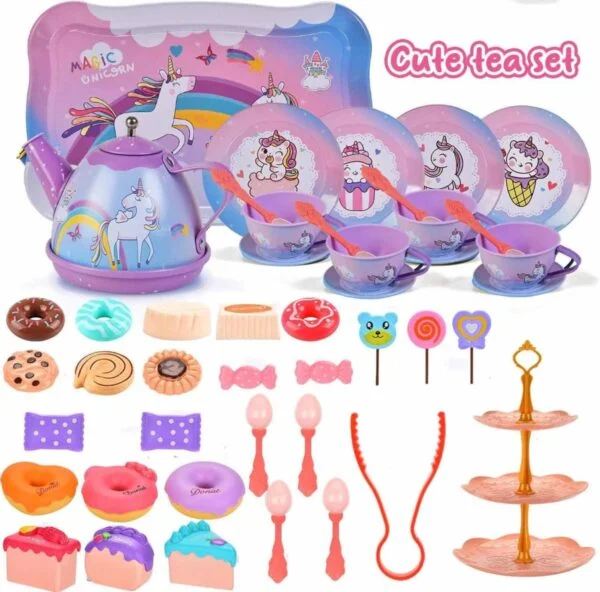 Toy Distributor China Kitchen Toys Pretend Play Preschool Metal Afternoon Tea Food Card Toy Tea Party Set for Girl - Image 6