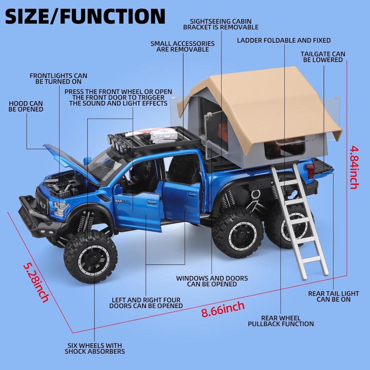 Toy Exporter China 1:24 Raptor F150 Big Wheel Alloy Diecast Car Model with Sound Light Pull Back Car Toys - Image 4
