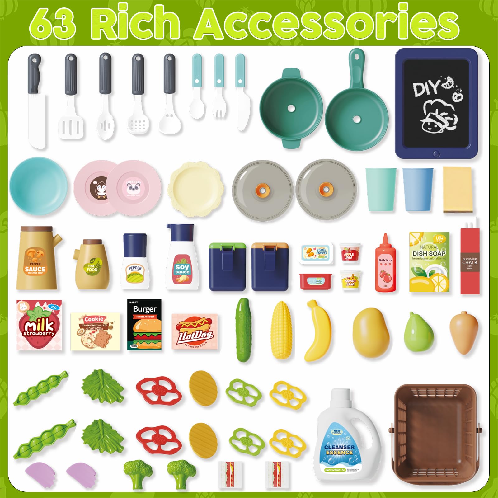 63 PCS Kitchen Accessories 80CM Kids Pretend Play Realistic Lights Sounds Spray Kitchen Set Toys for Children - Image 5