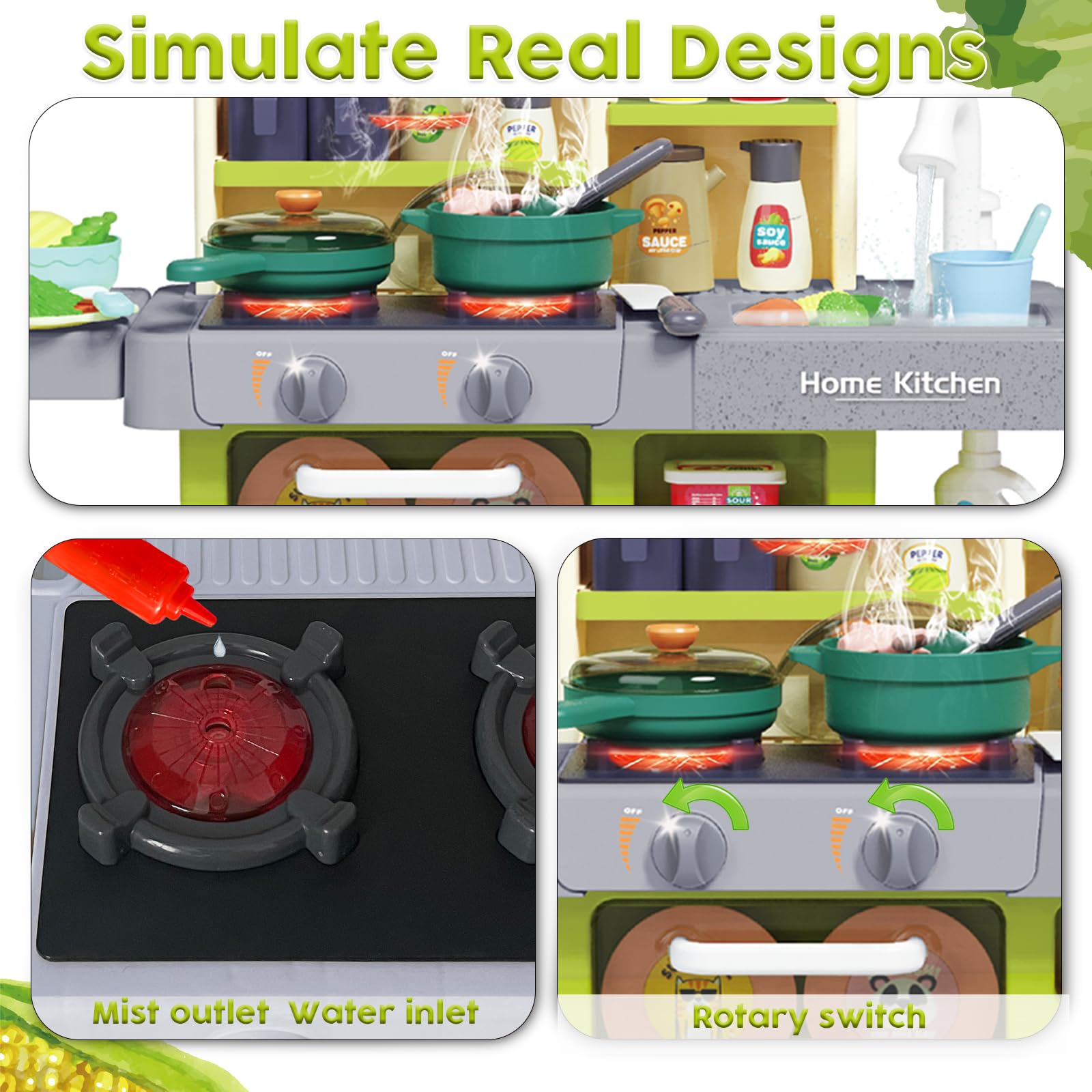 63 PCS Kitchen Accessories 80CM Kids Pretend Play Realistic Lights Sounds Spray Kitchen Set Toys for Children - Image 7