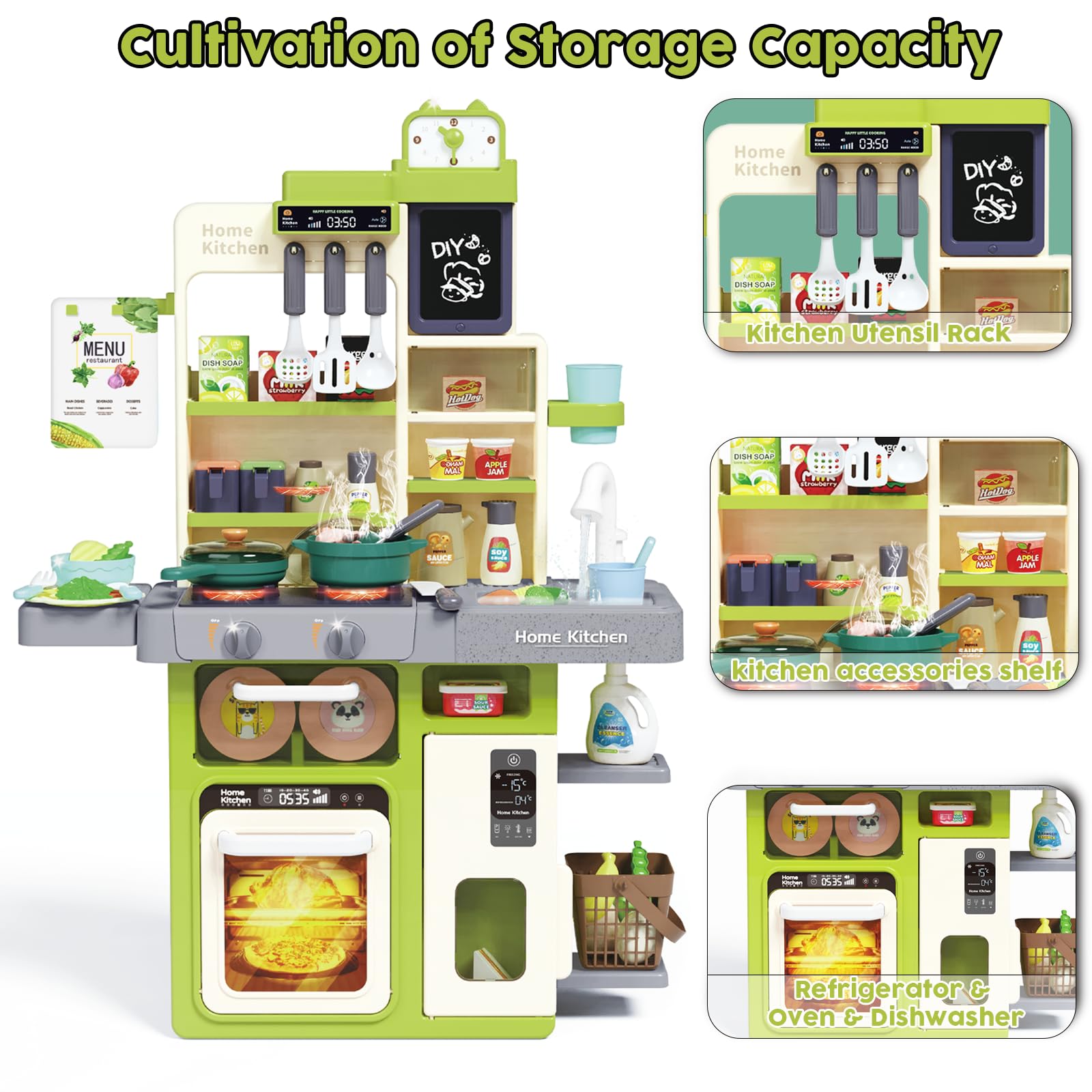 63 PCS Kitchen Accessories 80CM Kids Pretend Play Realistic Lights Sounds Spray Kitchen Set Toys for Children - Image 9