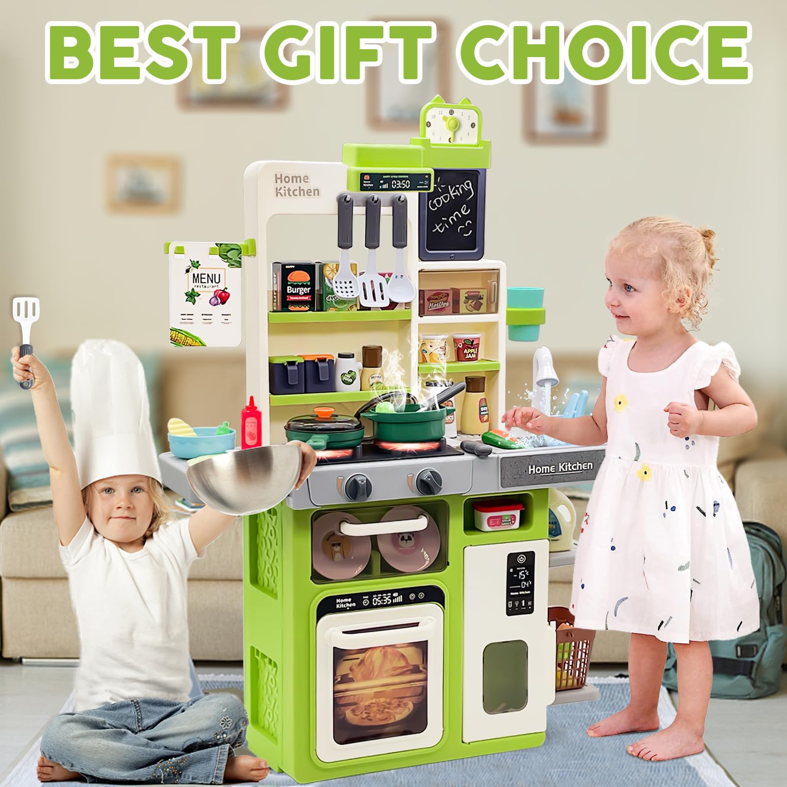 63 PCS Kitchen Accessories 80CM Kids Pretend Play Realistic Lights Sounds Spray Kitchen Set Toys for Children - Image 11