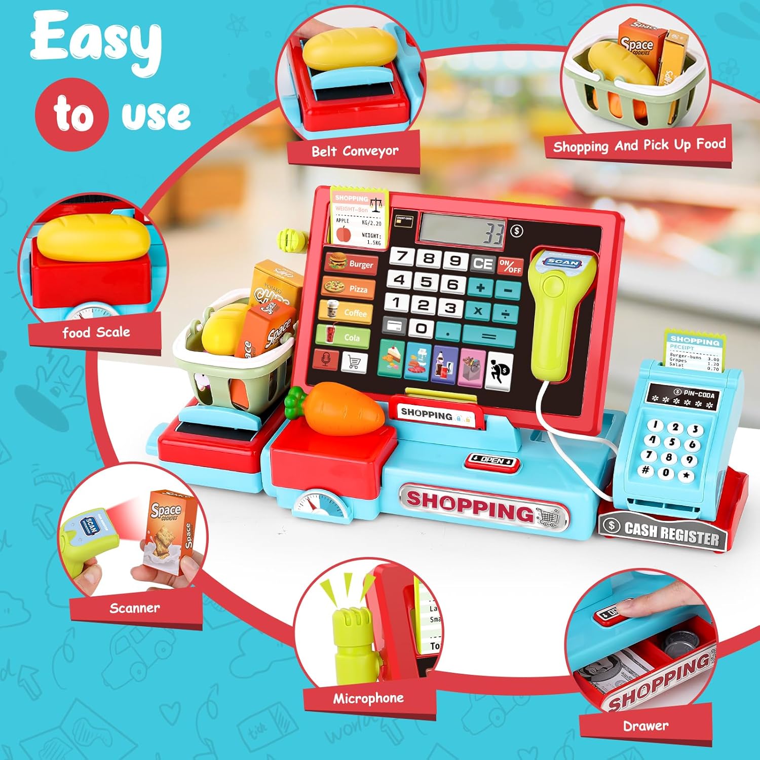 Cash Register Toys Simulation Shopping Toys Gifts with Electronic Sounds Fun Indoor Pretend Play House Toys for Children - Image 5