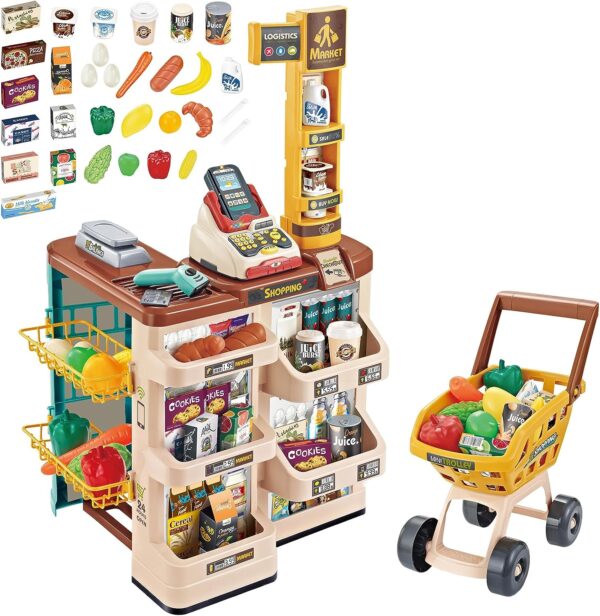 Grocery Toys Mini Trolly Shopping Basket Supermarket Cashier Machine Toy Set for Kids - Image 2
