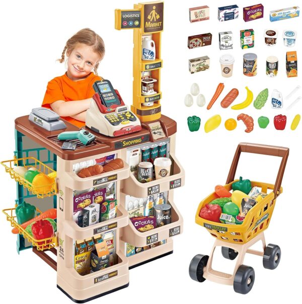 Grocery Toys Mini Trolly Shopping Basket Supermarket Cashier Machine Toy Set for Kids - Image 4