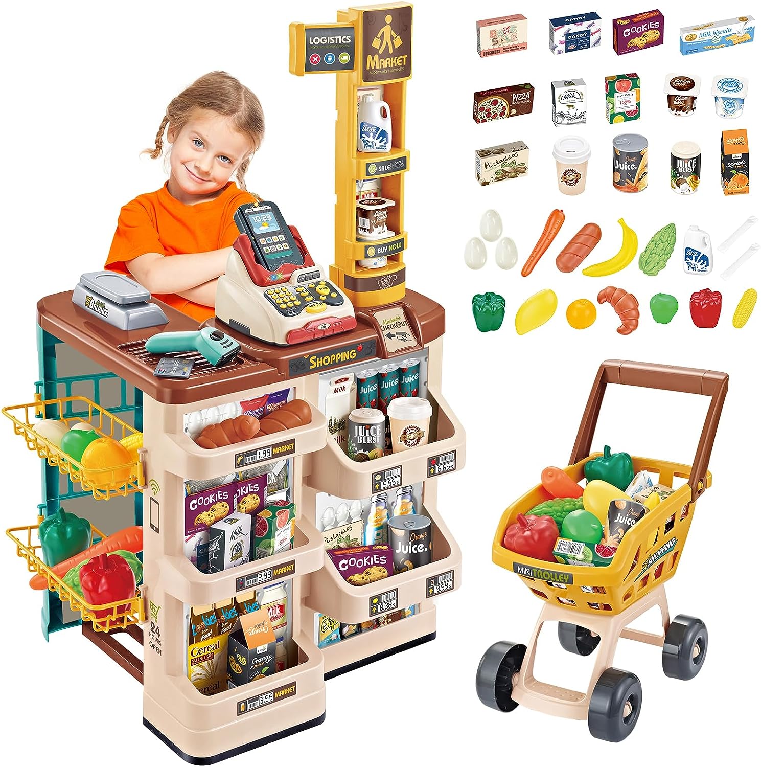Grocery Toys Mini Trolly Shopping Basket Supermarket Cashier Machine Toy Set for Kids - Image 3