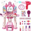 Girls Pretend Play Makeup Table Set with Stool Vanity Set with Lights Music Openable Doors - Image 13