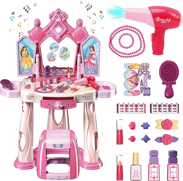 Girls Pretend Play Makeup Table Set with Stool Vanity Set with Lights Music Openable Doors - Image 2