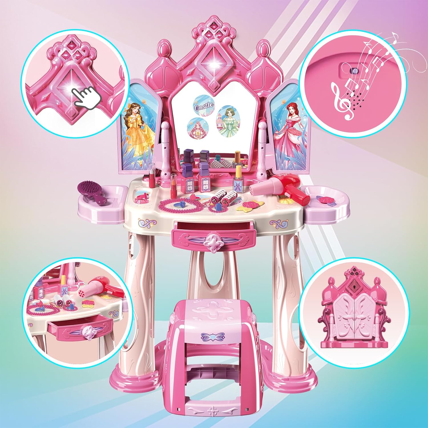 Girls Pretend Play Makeup Table Set with Stool Vanity Set with Lights Music Openable Doors - Image 3