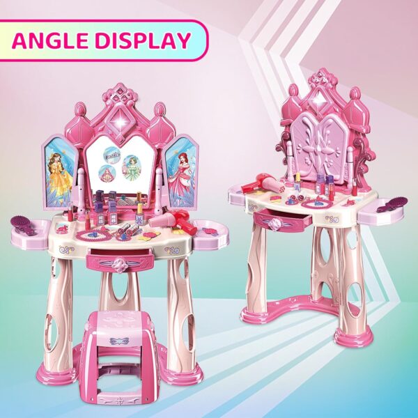 Girls Pretend Play Makeup Table Set with Stool Vanity Set with Lights Music Openable Doors - Image 8