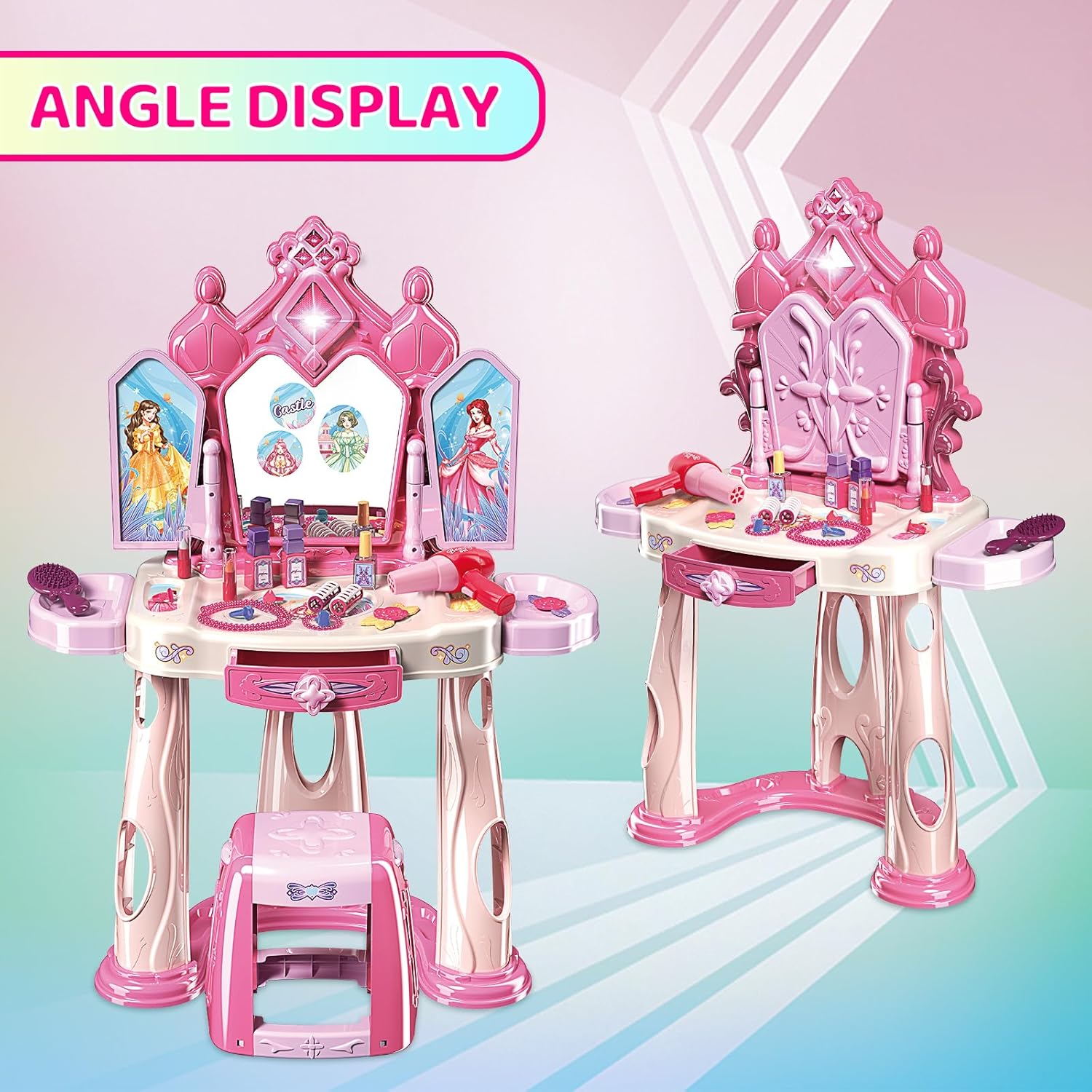 Girls Pretend Play Makeup Table Set with Stool Vanity Set with Lights Music Openable Doors - Image 7