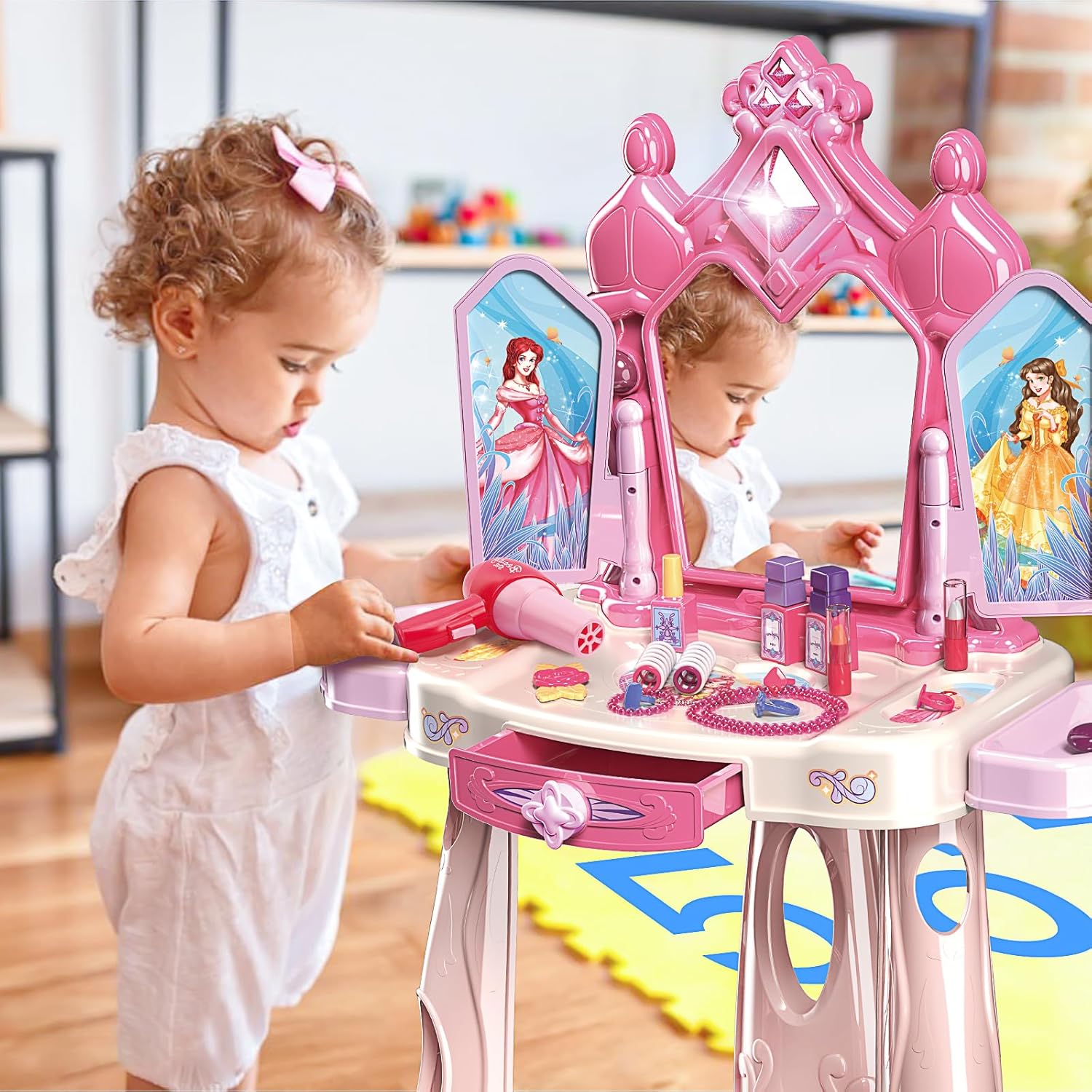 Girls Pretend Play Makeup Table Set with Stool Vanity Set with Lights Music Openable Doors - Image 11