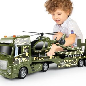 Green Military Big Truck Toys 25.6″ Semi Truck Toy with Helicopters and Tank Army Toys with Lights &Sounds - Image 13