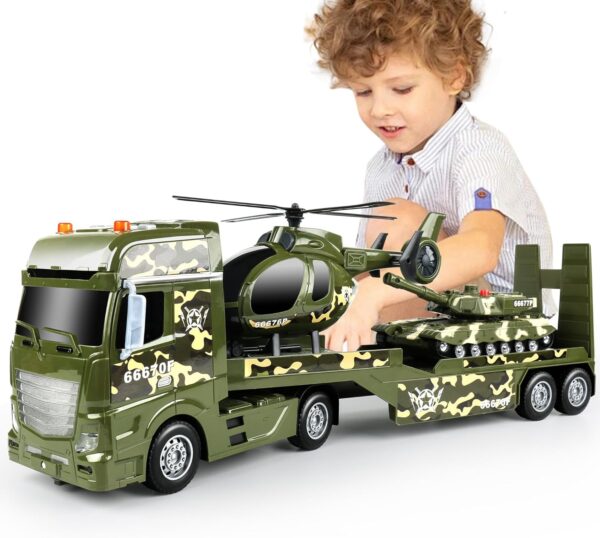 Green Military Big Truck Toys 25.6″ Semi Truck Toy with Helicopters and Tank Army Toys with Lights &Sounds - Image 2