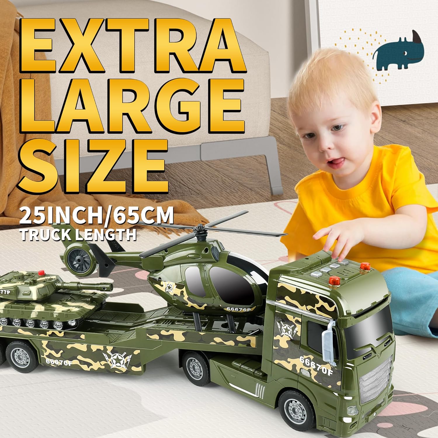 Green Military Big Truck Toys 25.6″ Semi Truck Toy with Helicopters and Tank Army Toys with Lights &Sounds - Image 7
