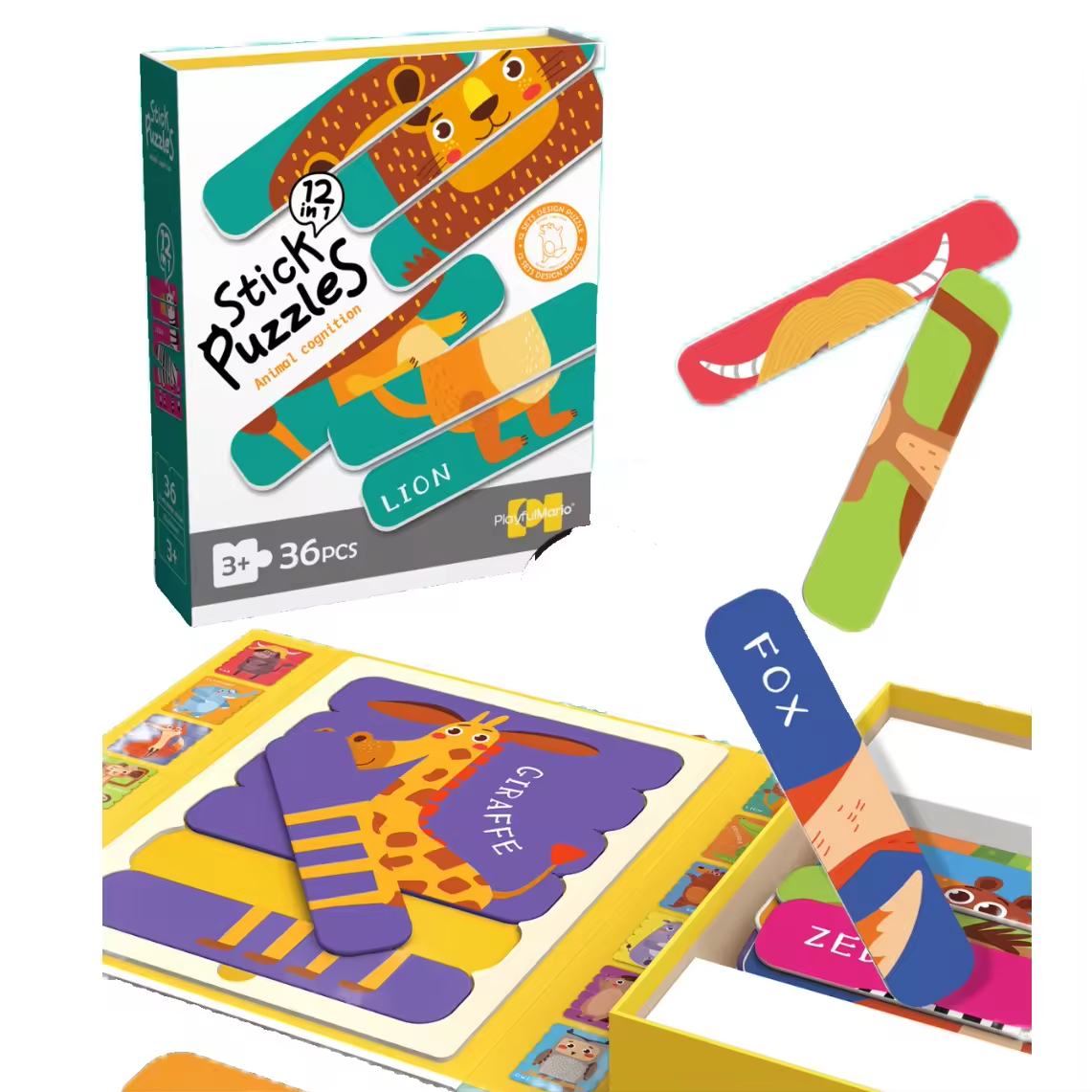 Baby Matching Paper Shape Stick Puzzle Toys Kids Educational 36PCS DIY Cartoon Animal Jigsaw Toys - Image 3