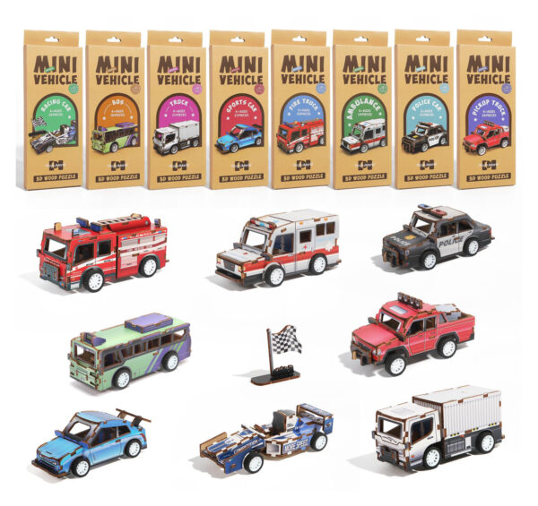 3D Wooden Jigsaw Puzzle Kids Diy Assembly 3d Pull Back Wooden Puzzle Car - Image 2
