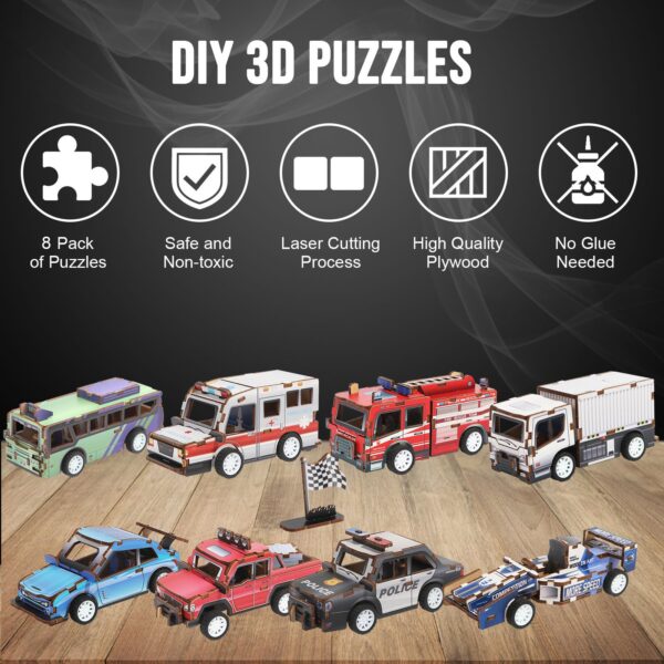 3D Wooden Jigsaw Puzzle Kids Diy Assembly 3d Pull Back Wooden Puzzle Car - Image 8