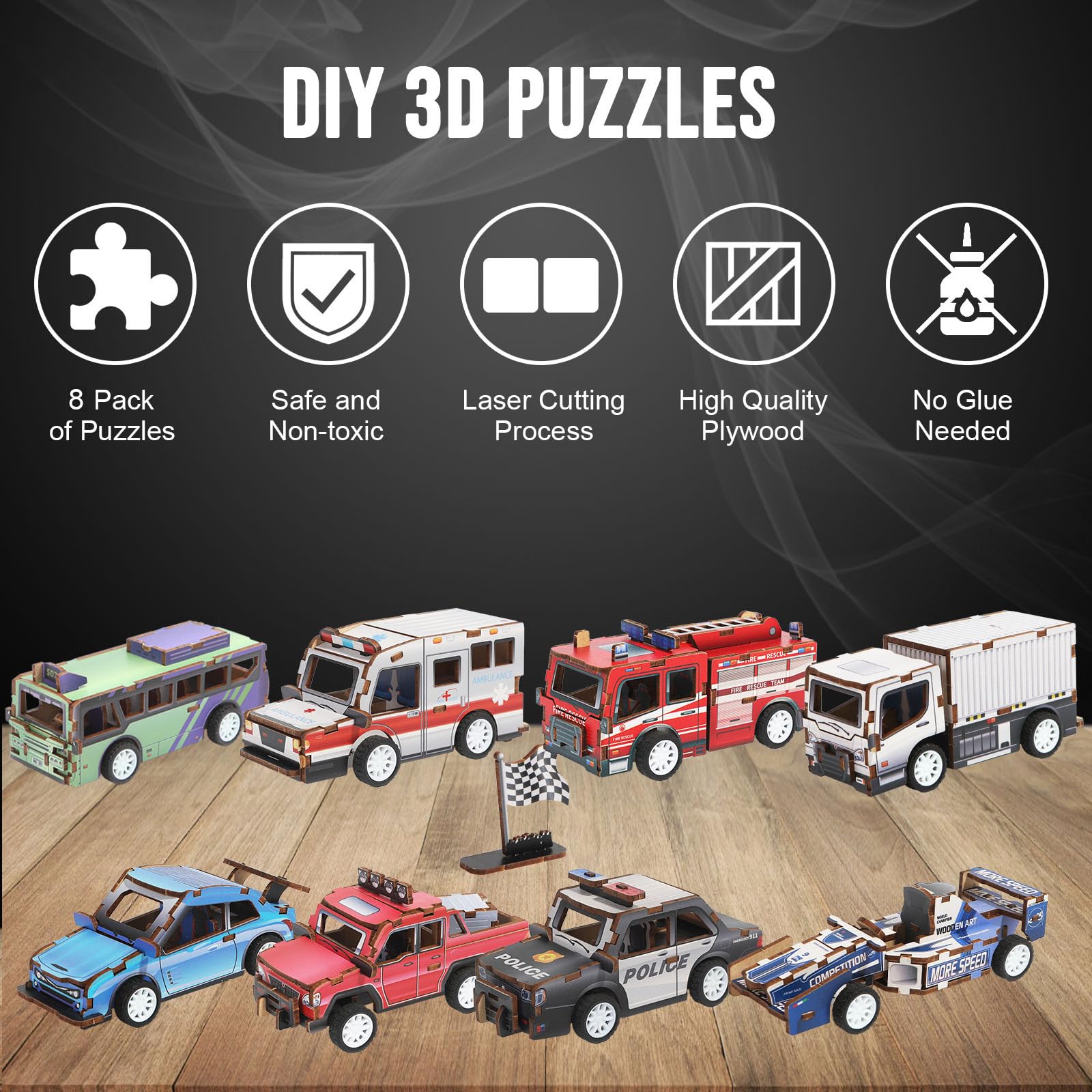 3D Wooden Jigsaw Puzzle Kids Diy Assembly 3d Pull Back Wooden Puzzle Car - Image 7