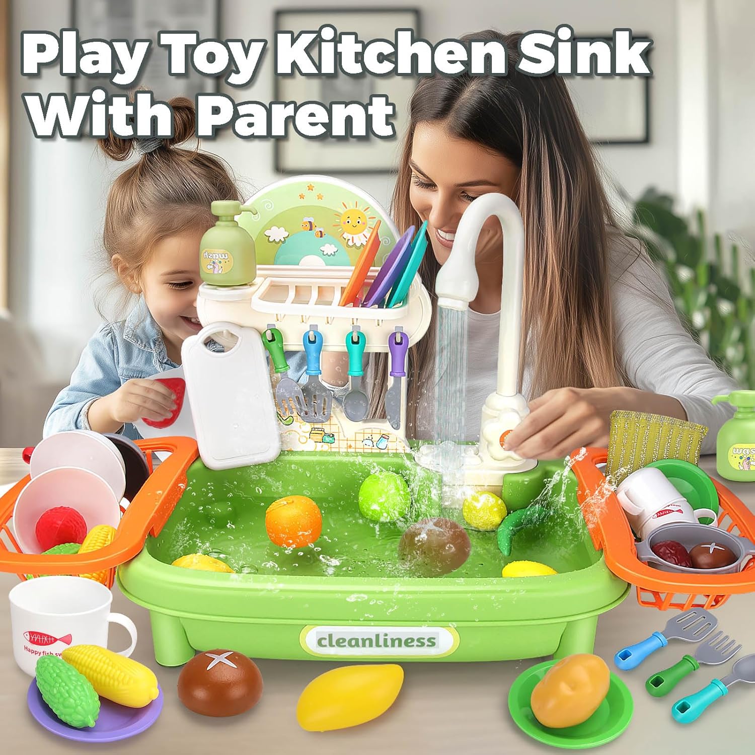 Pretend Role Play Kitchen Toys Set with Upgraded Working Faucet and Dishes Play Set Kids Pretend Play Kitchen Sink Toys - Image 13