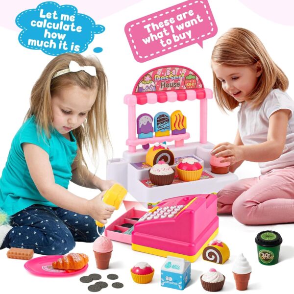 Pretend Play Supermarket Shop Cash Register Toy Ice Cream Shop with Scanner Money Calculator Desserts - Image 8