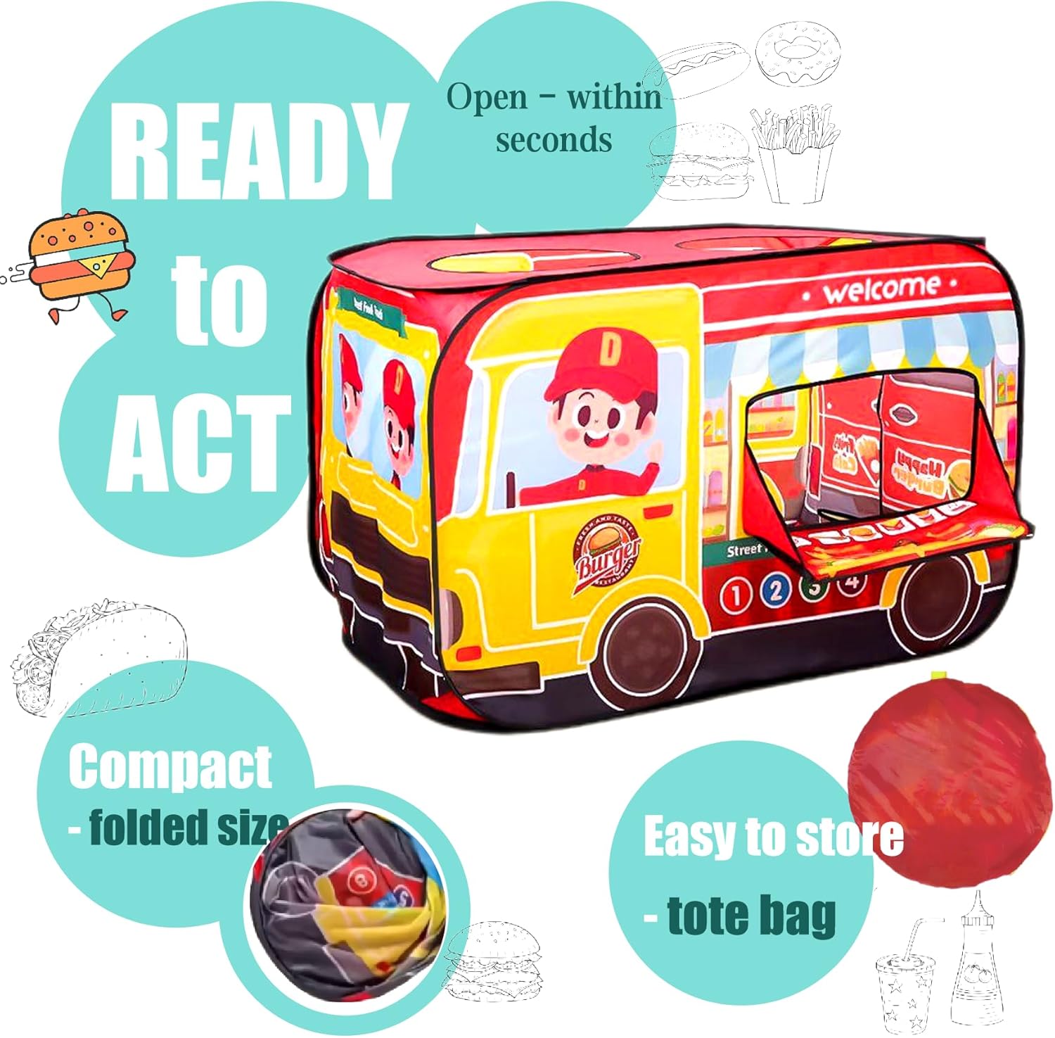 Family Kitchen Set Toy Soft Polyester Style Food Truck Play Tent Chicken Burger Matched Pop up Tent - Image 13