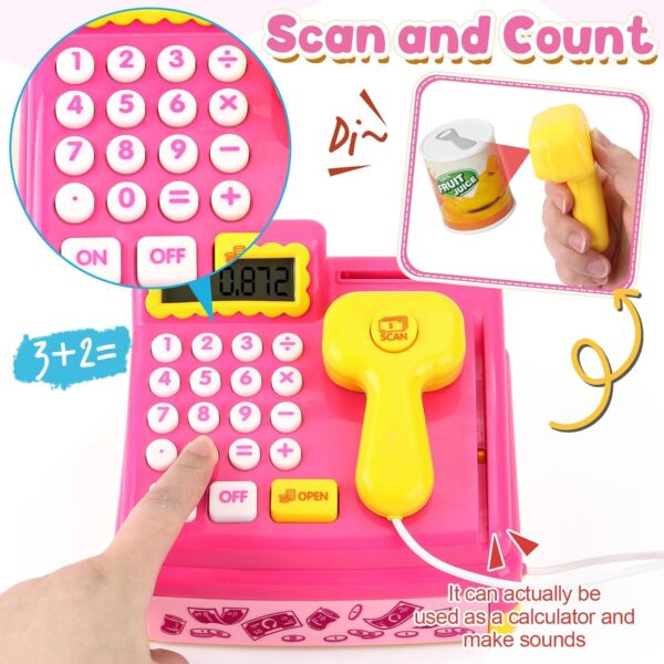 Pretend Play Supermarket Shop Cash Register Toy Ice Cream Shop with Scanner Money Calculator Desserts - Image 6