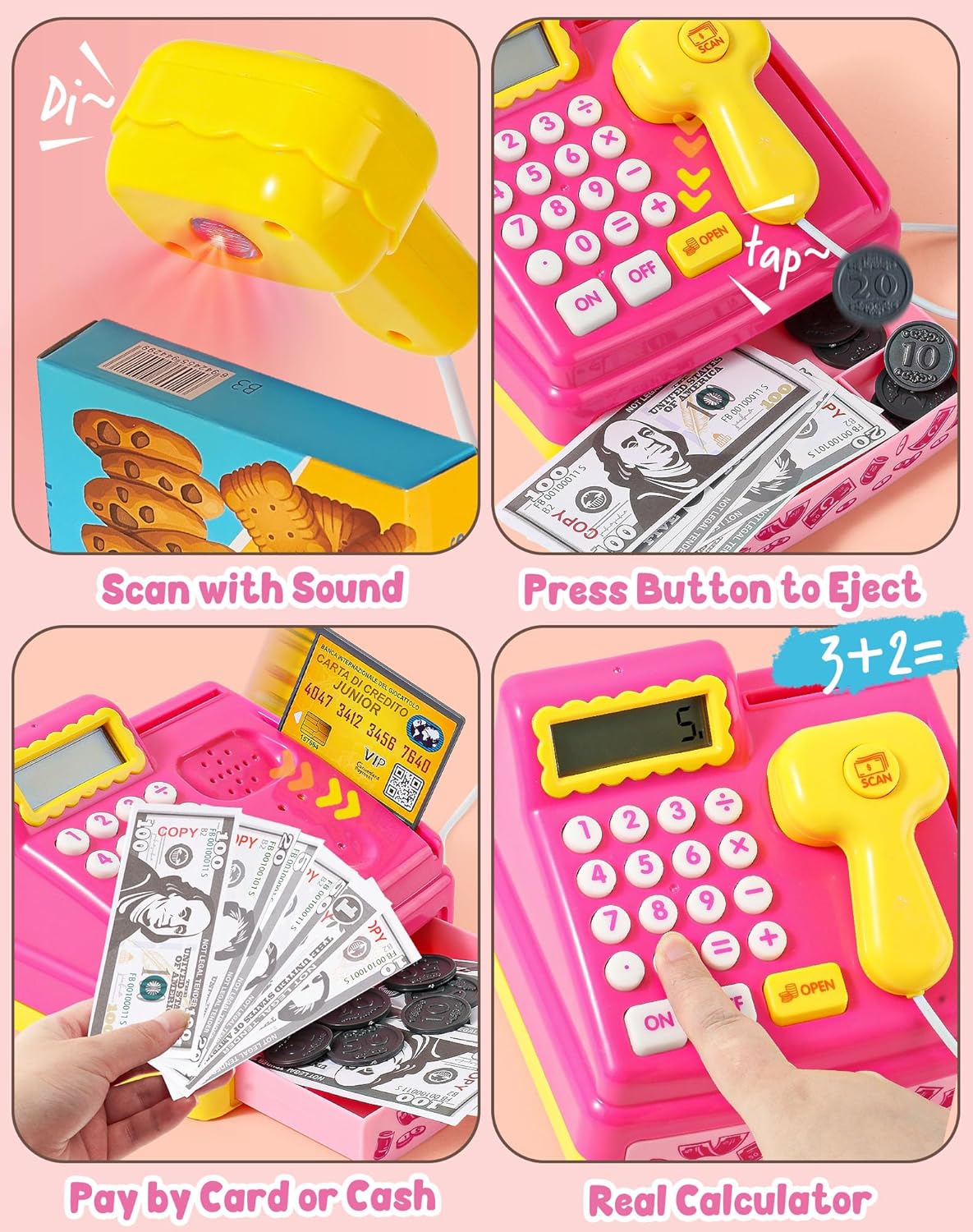 Pretend Play Supermarket Shop Cash Register Toy Ice Cream Shop with Scanner Money Calculator Desserts - Image 3