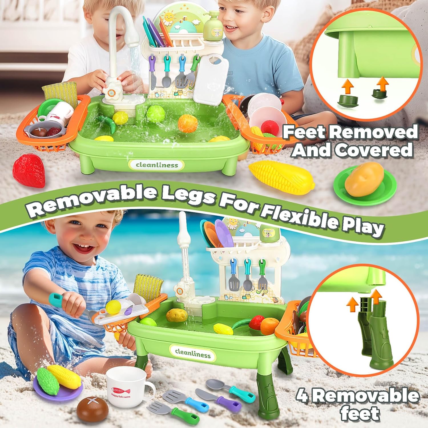 Pretend Role Play Kitchen Toys Set with Upgraded Working Faucet and Dishes Play Set Kids Pretend Play Kitchen Sink Toys - Image 7