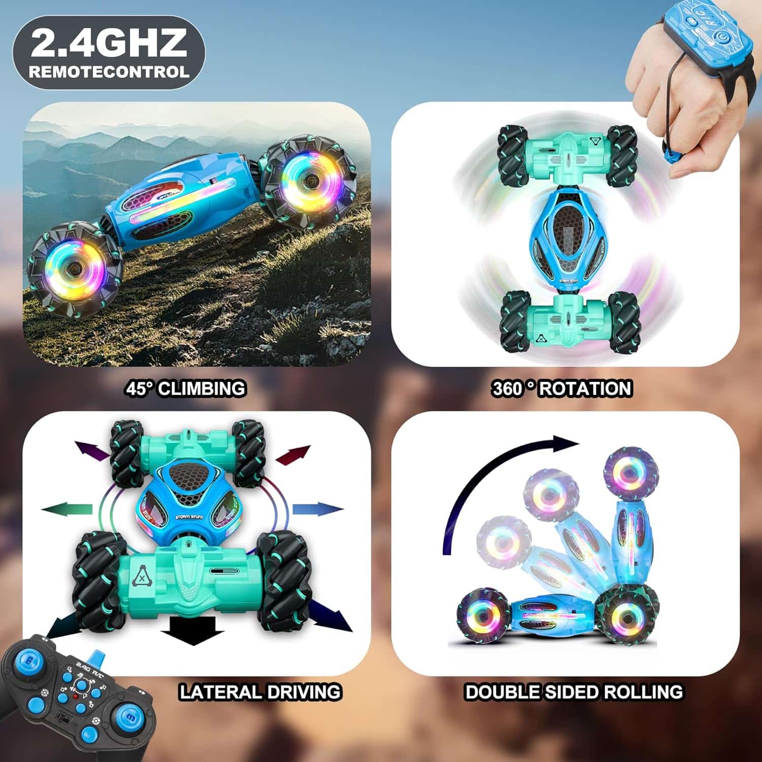 1:18 Scale 4wd Transform Off Road 360 Flips Rotating LED Lights Music Kids Gift Hand Gesture Sensing RC Stunt Car - Image 13