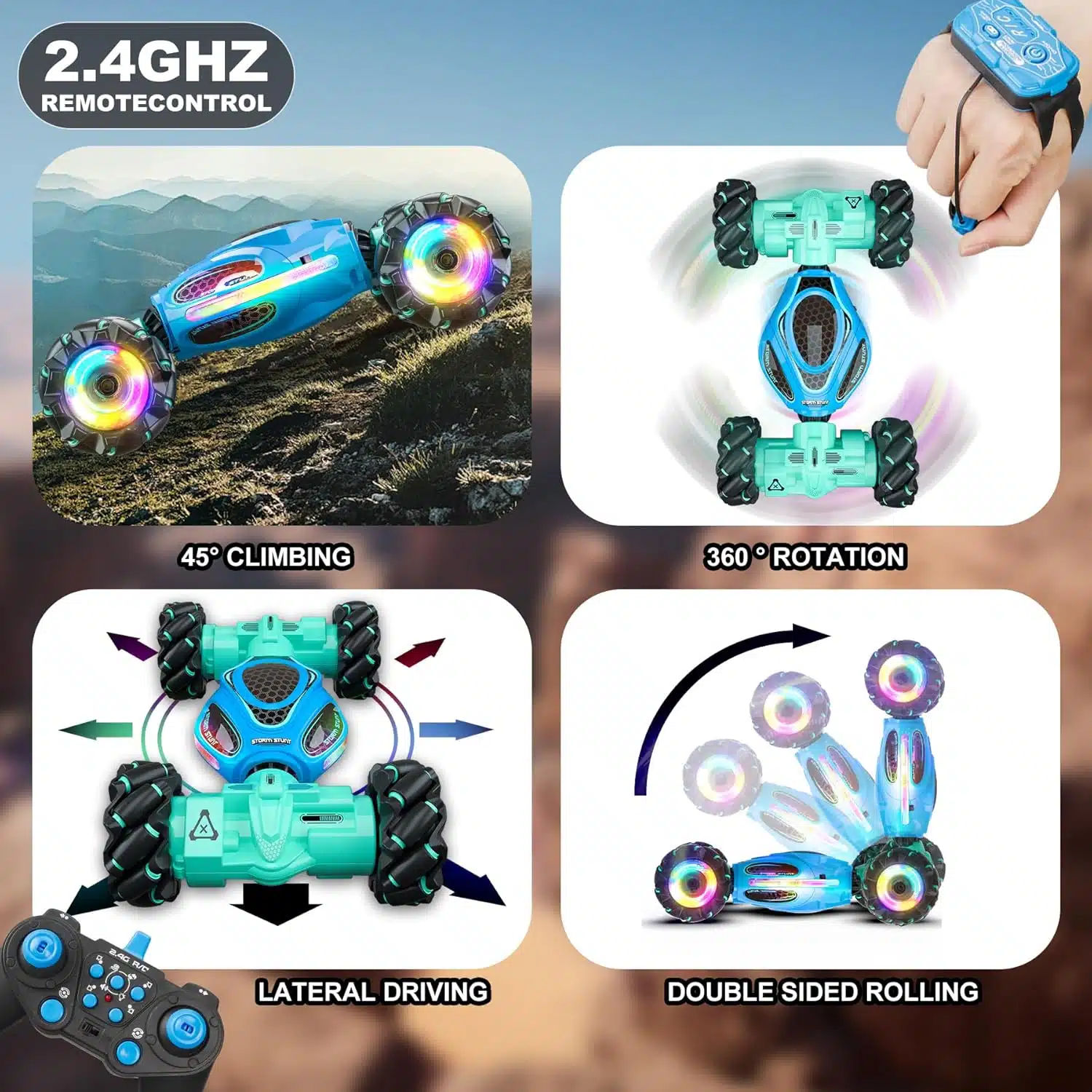 1:18 Scale 4wd Transform Off Road 360 Flips Rotating LED Lights Music Kids Gift Hand Gesture Sensing RC Stunt Car - Image 14