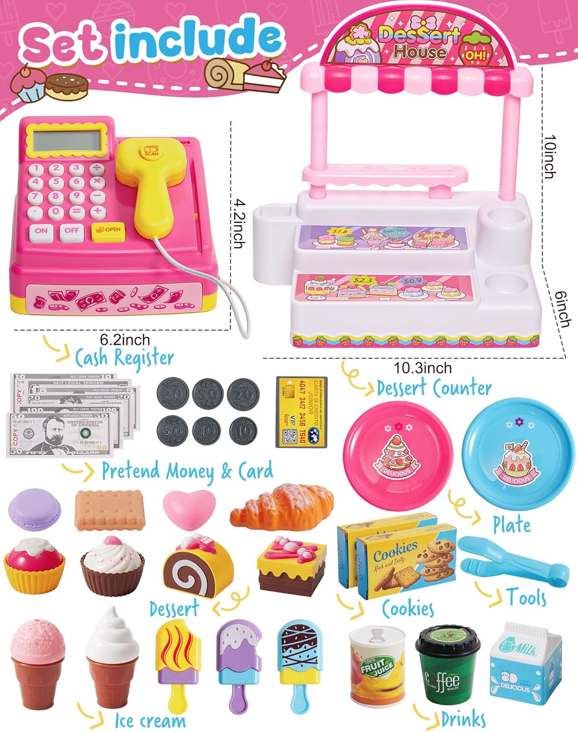 Pretend Play Supermarket Shop Cash Register Toy Ice Cream Shop with Scanner Money Calculator Desserts - Image 13