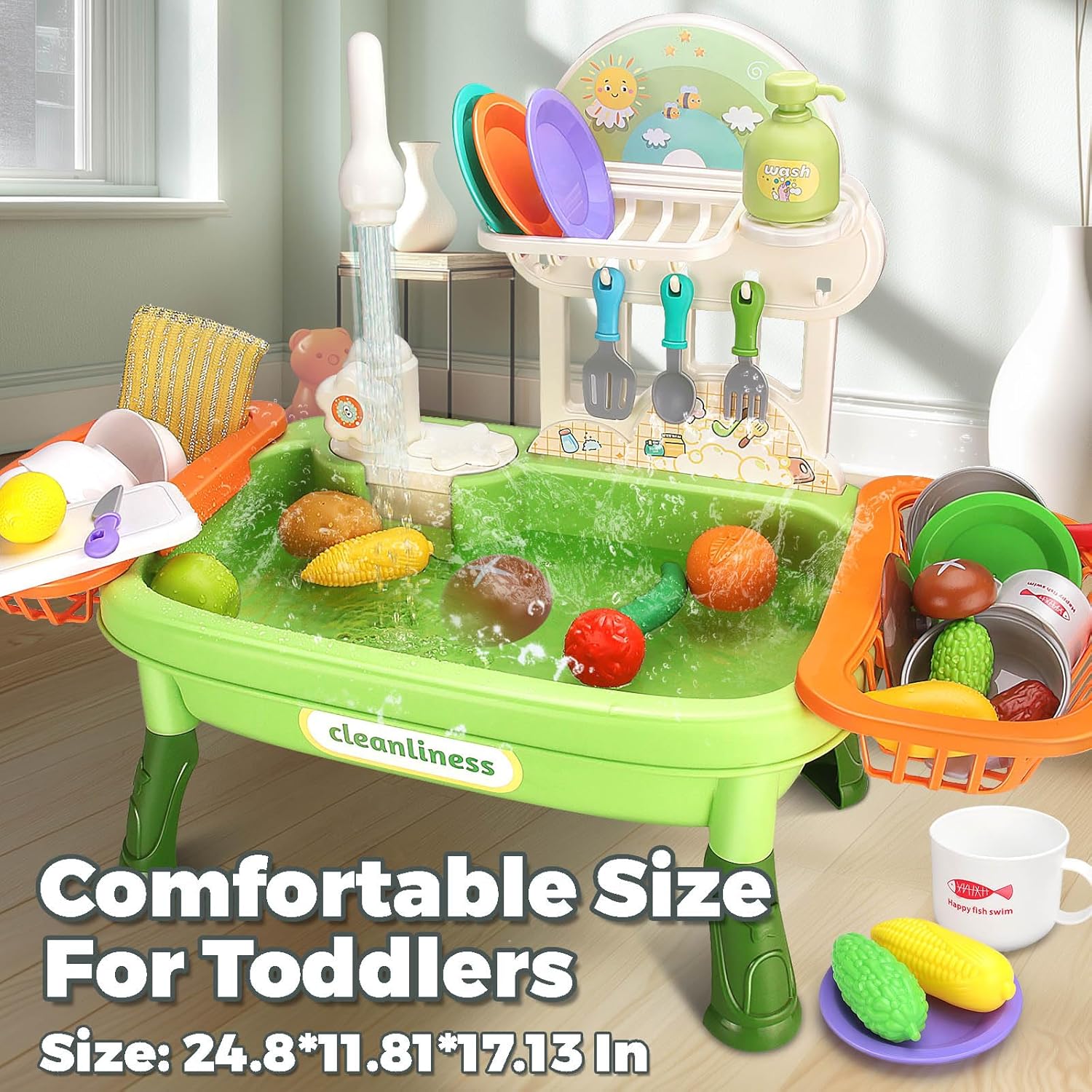 Pretend Role Play Kitchen Toys Set with Upgraded Working Faucet and Dishes Play Set Kids Pretend Play Kitchen Sink Toys - Image 5