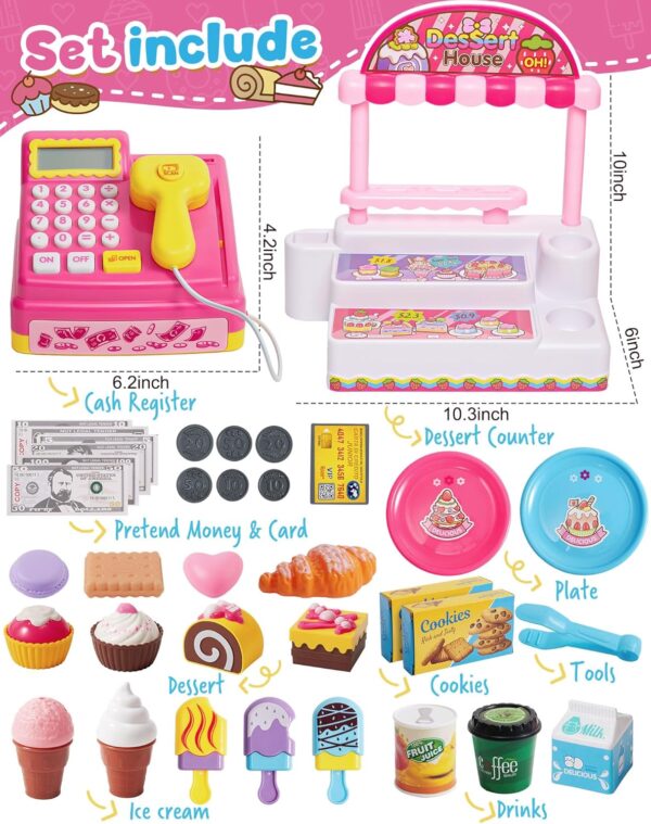 Pretend Play Supermarket Shop Cash Register Toy Ice Cream Shop with Scanner Money Calculator Desserts - Image 14