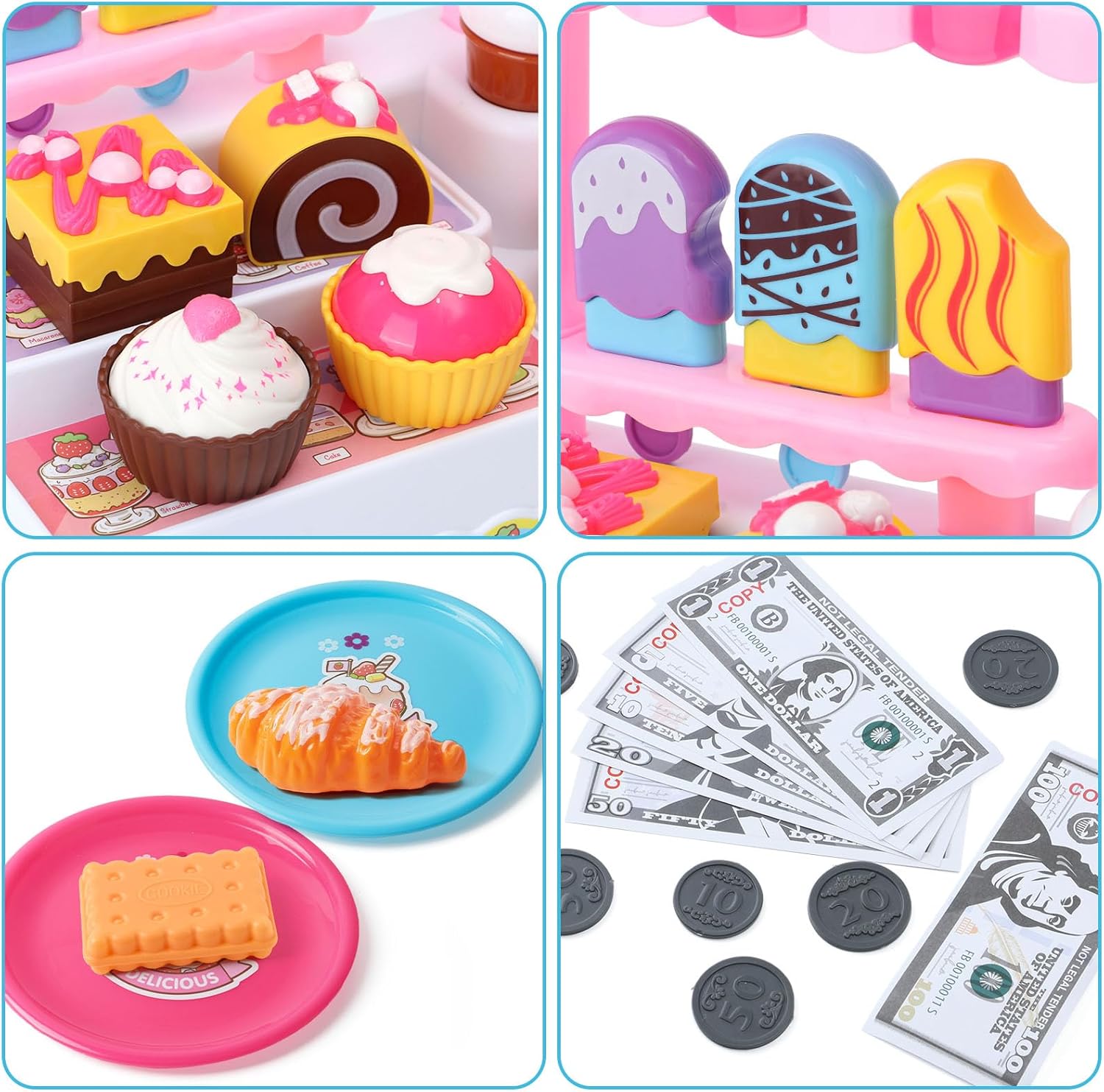 Pretend Play Supermarket Shop Cash Register Toy Ice Cream Shop with Scanner Money Calculator Desserts - Image 11