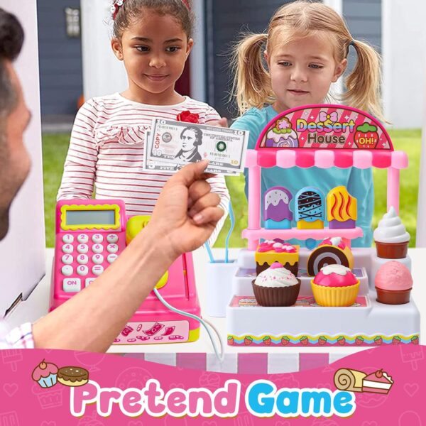 Pretend Play Supermarket Shop Cash Register Toy Ice Cream Shop with Scanner Money Calculator Desserts - Image 10