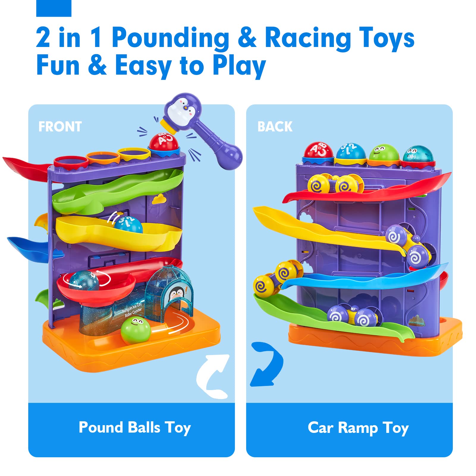Rolling Ball Track Pieces Toys Baby 2 in 1 Penguin Hammer Pounding Montessori Toys Plastic Roller coaster Ball Ramp Toy - Image 11