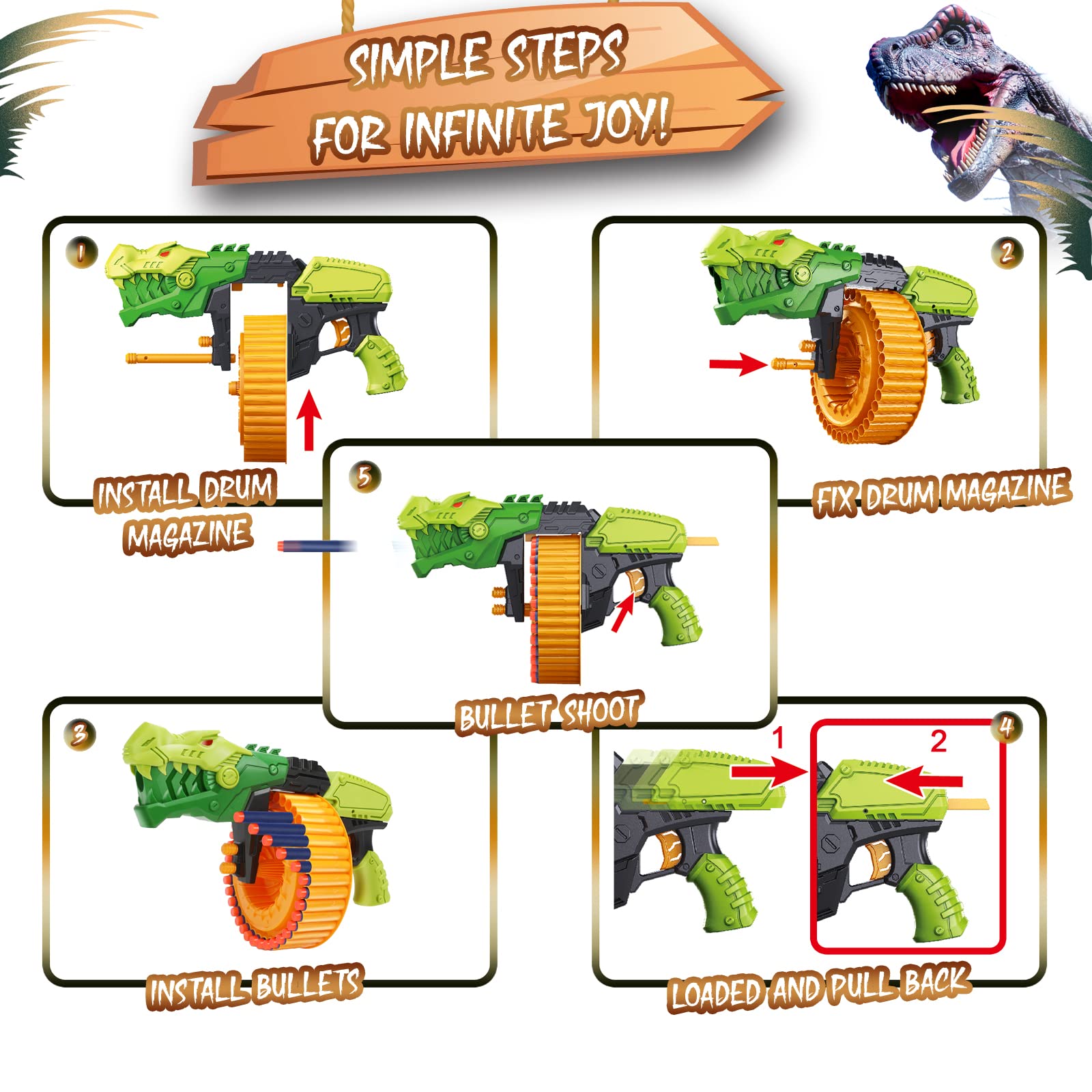 Dinosaur Rotating Drum Soft 40/120 Foam Bullets Gun Toy - Image 9