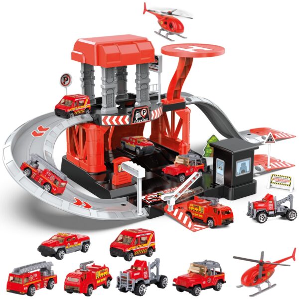 Fire Station Toys Building Block Set Diecast Garage Track Alloy Metal Design Parking Lot Game Plastic Toy - Image 2