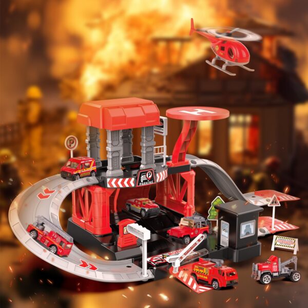 Fire Station Toys Building Block Set Diecast Garage Track Alloy Metal Design Parking Lot Game Plastic Toy - Image 14